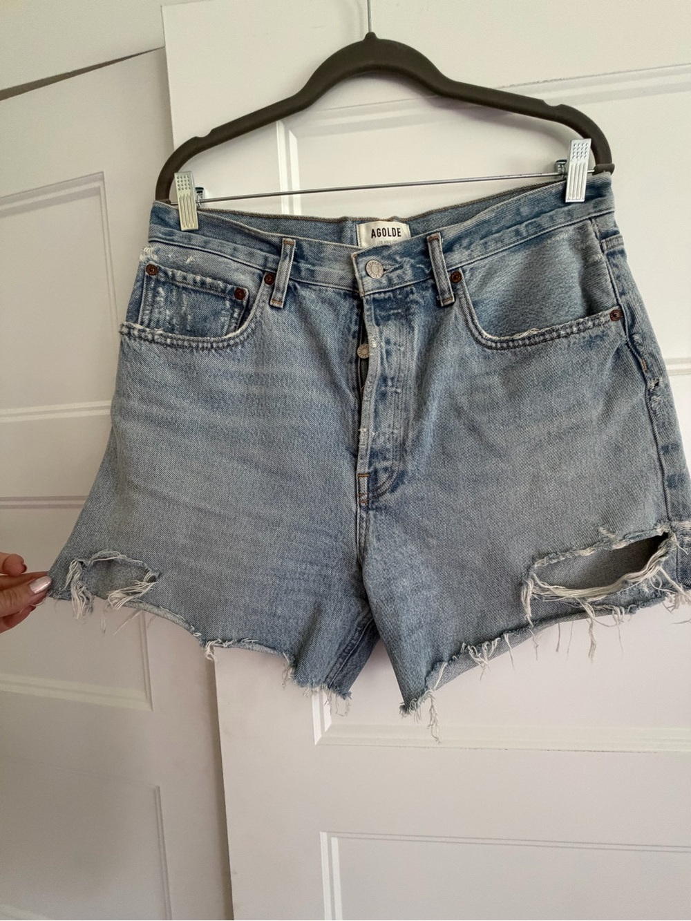 AGOLDE Faded Light Blue High-Rise Distressed Denim Shorts